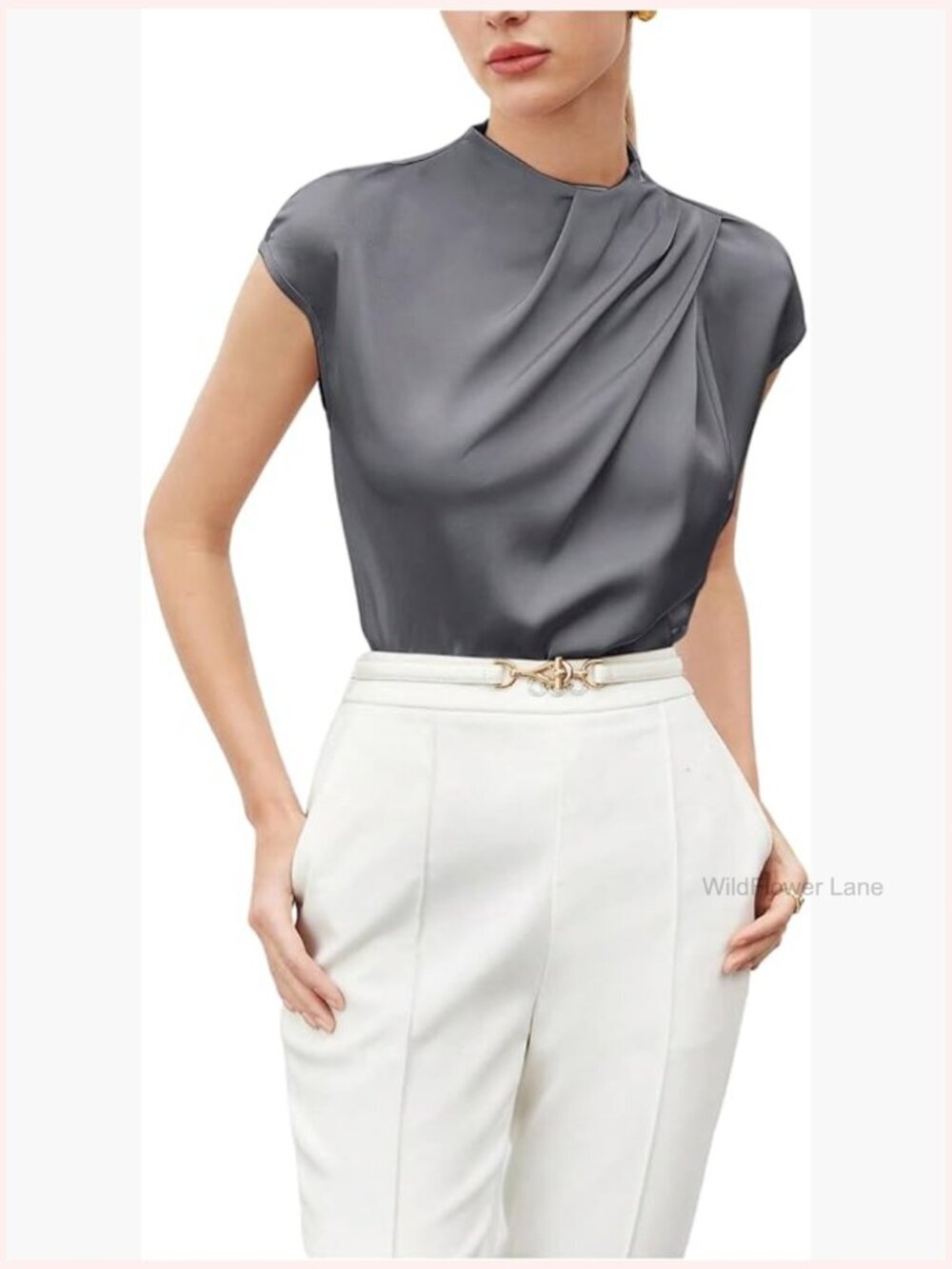 Mock Neck Blouse Ruched Cap Sleeve Dressy Work Top